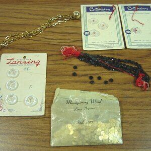 Vintage sewing notions, gold sequins, sweater chain & black glass beads